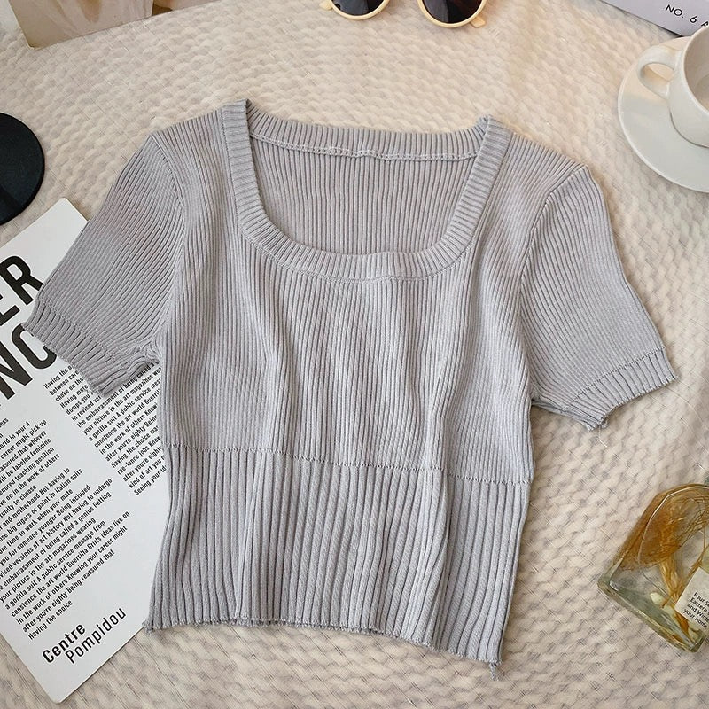 Square Neck Ribbed Knitted Crop Top