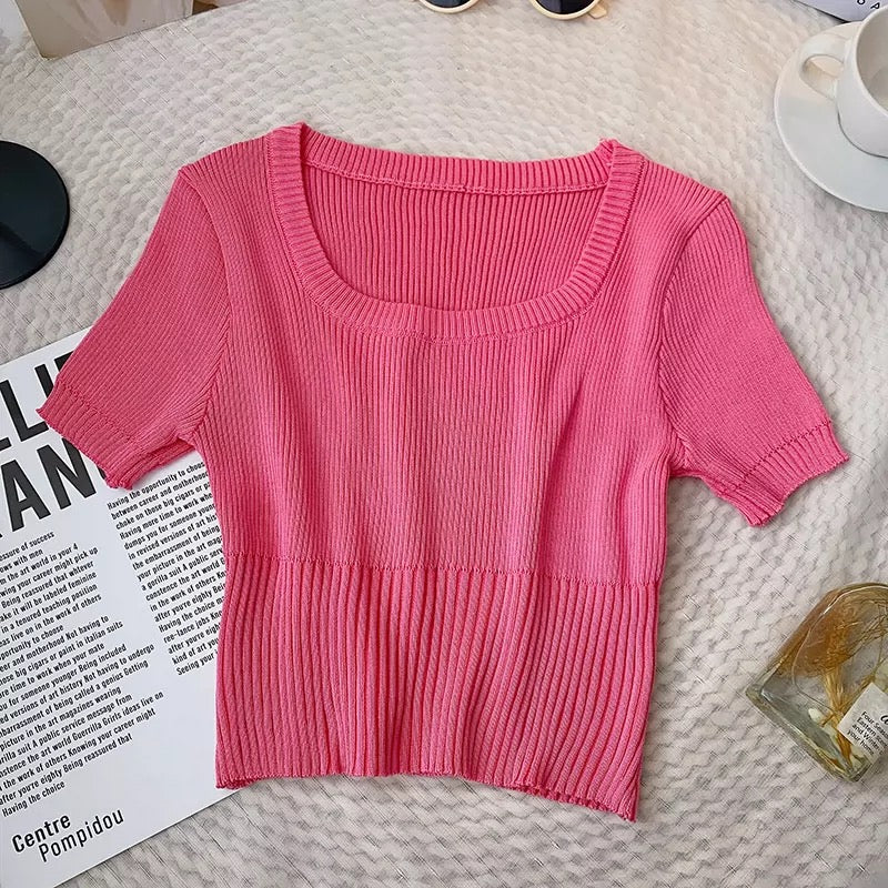 Square Neck Ribbed Knitted Crop Top