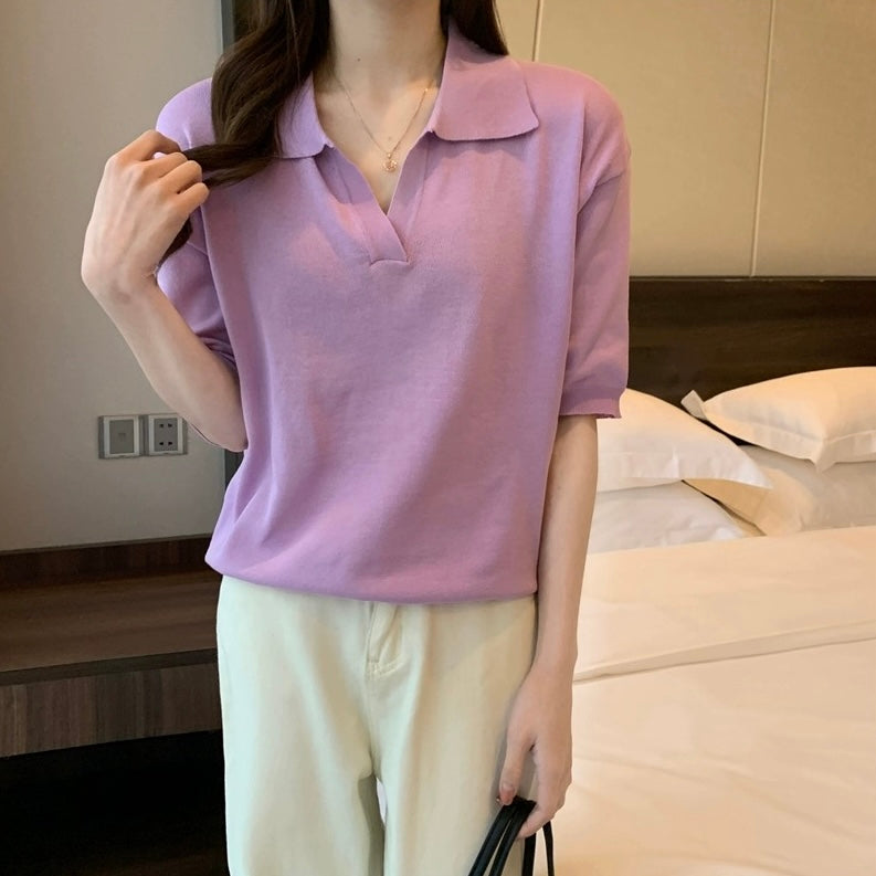 Collar Neck Solid Loose Knitted Top