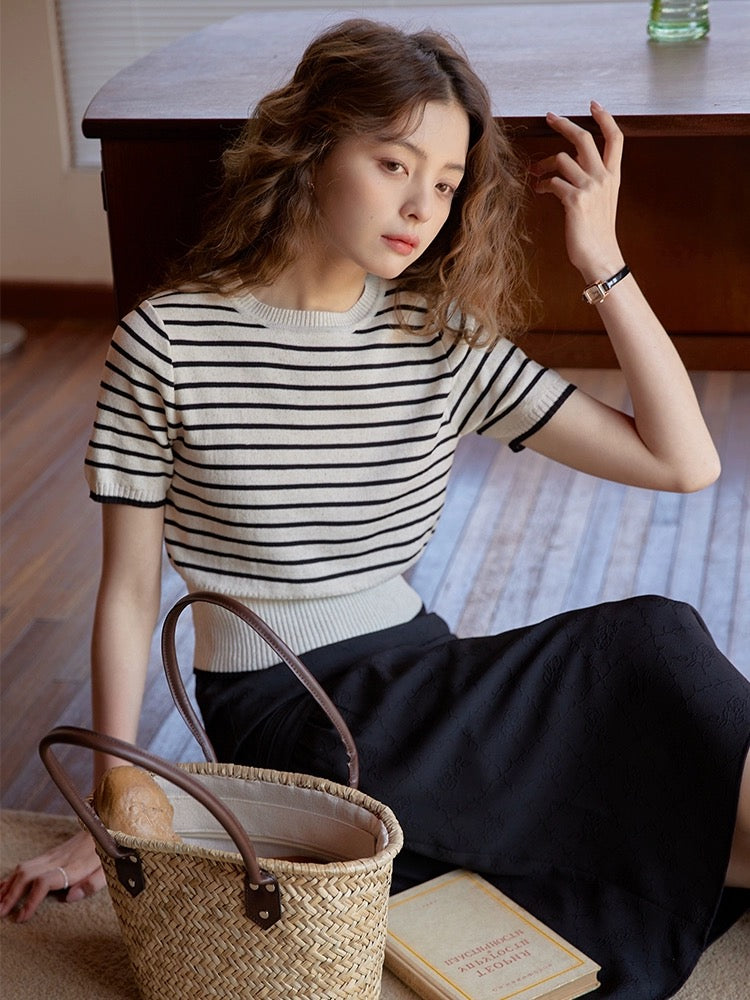 Stripe Ribbed Hem All Match Knitted Top