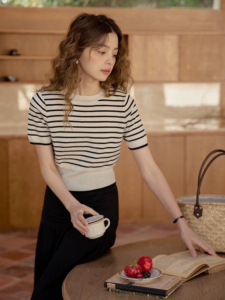 Stripe Ribbed Hem All Match Knitted Top