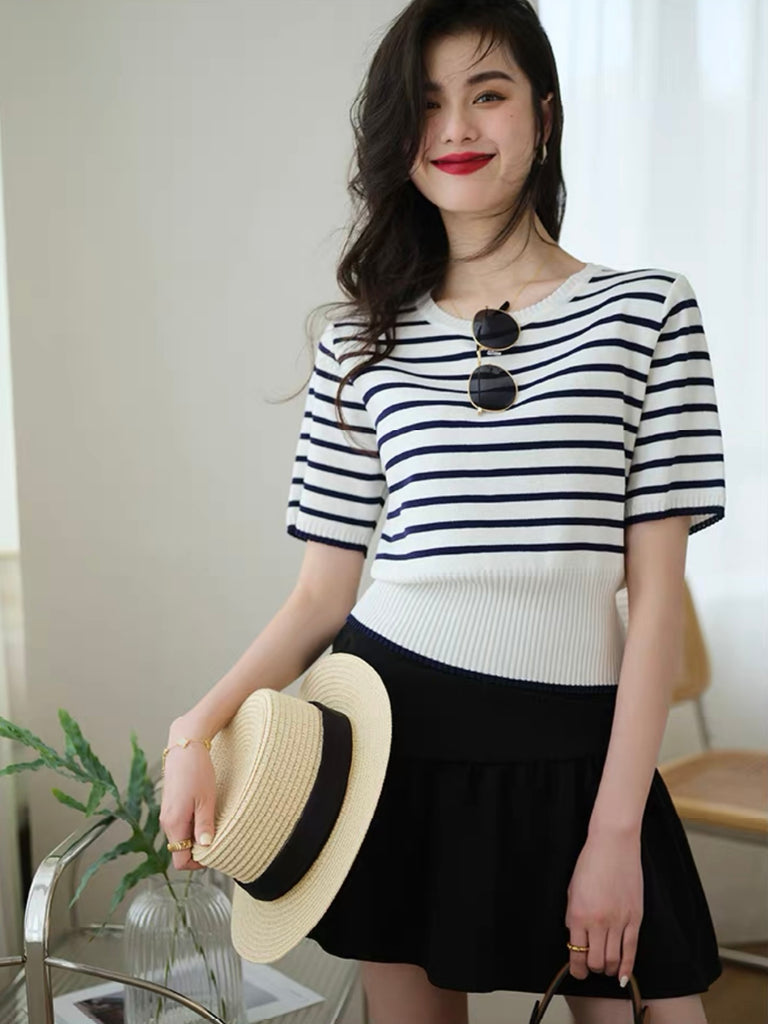 Stripe Ribbed Hem All Match Knitted Top