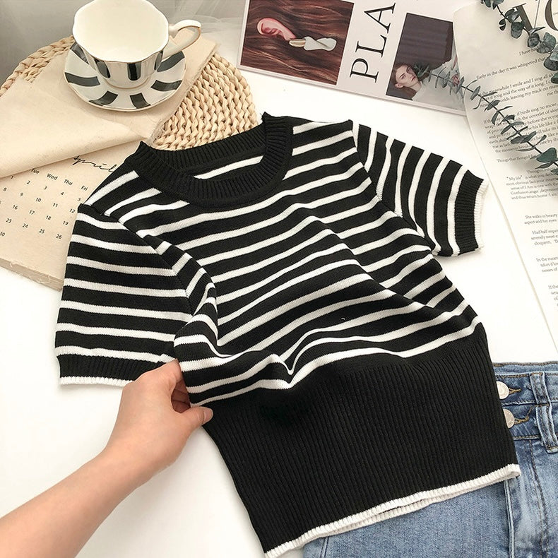 Stripe Ribbed Hem All Match Knitted Top