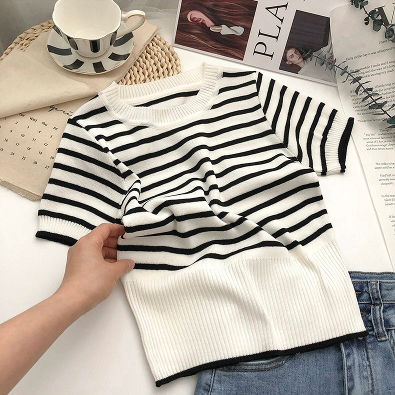 Stripe Ribbed Hem All Match Knitted Top