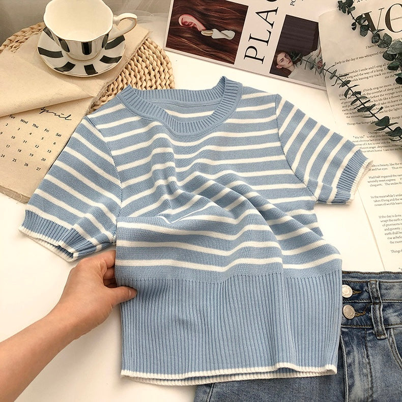 Stripe Ribbed Hem All Match Knitted Top