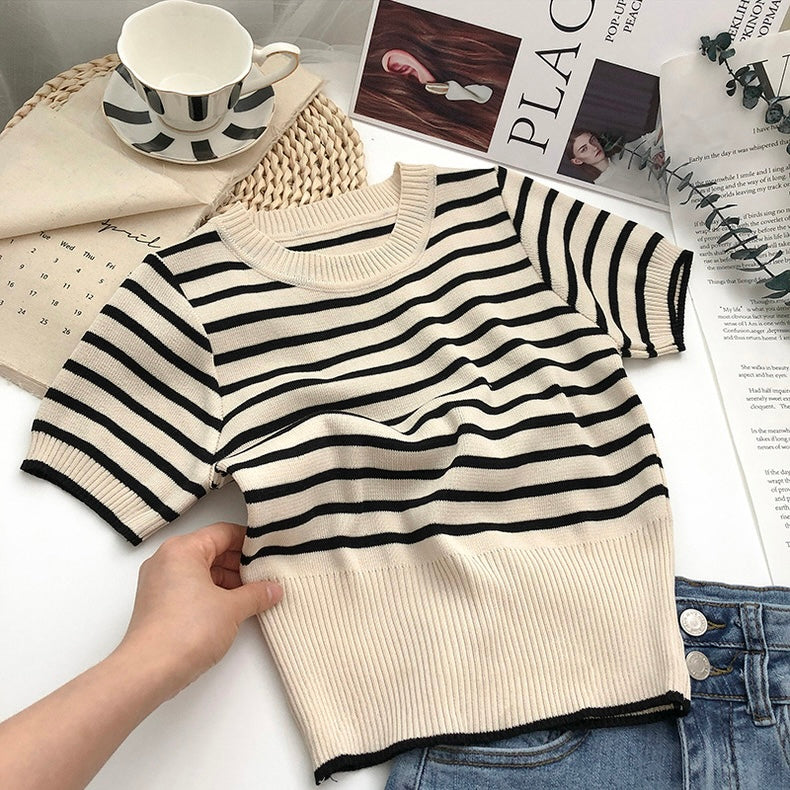 Stripe Ribbed Hem All Match Knitted Top