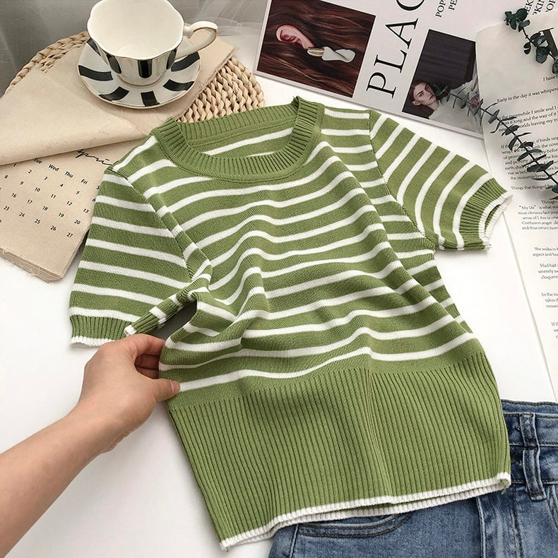 Stripe Ribbed Hem All Match Knitted Top