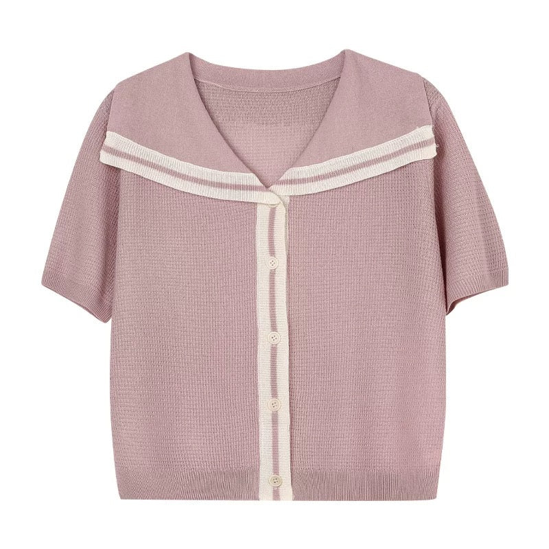 Cape Neck Button-up Two Tone Knitted Top