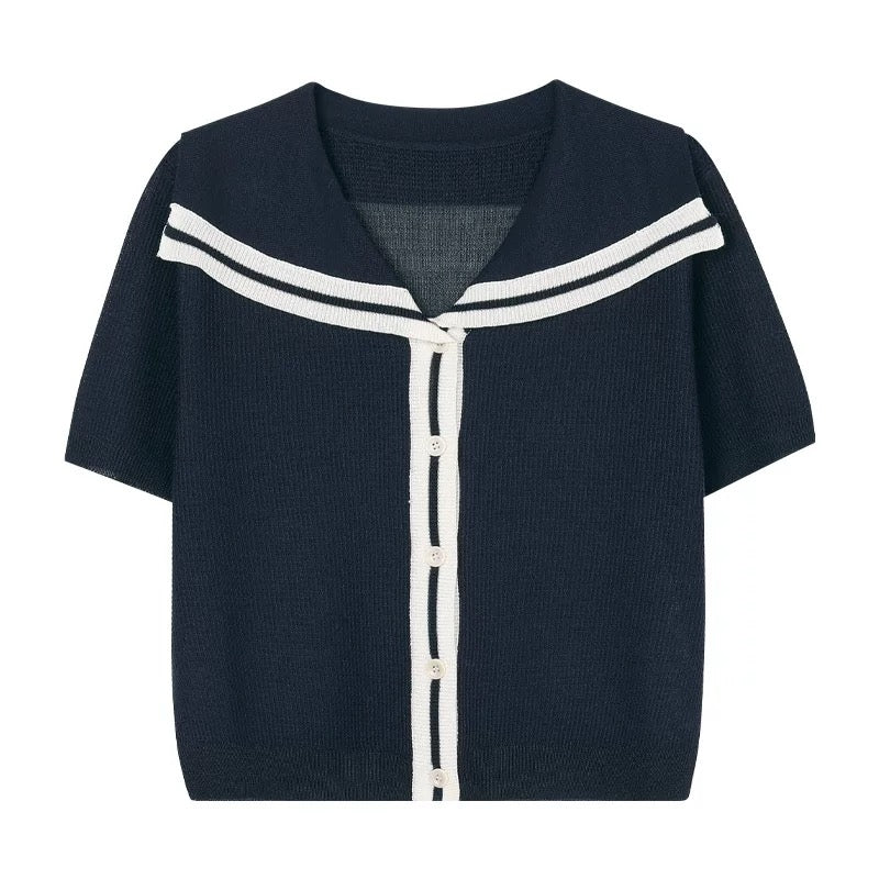 Cape Neck Button-up Two Tone Knitted Top