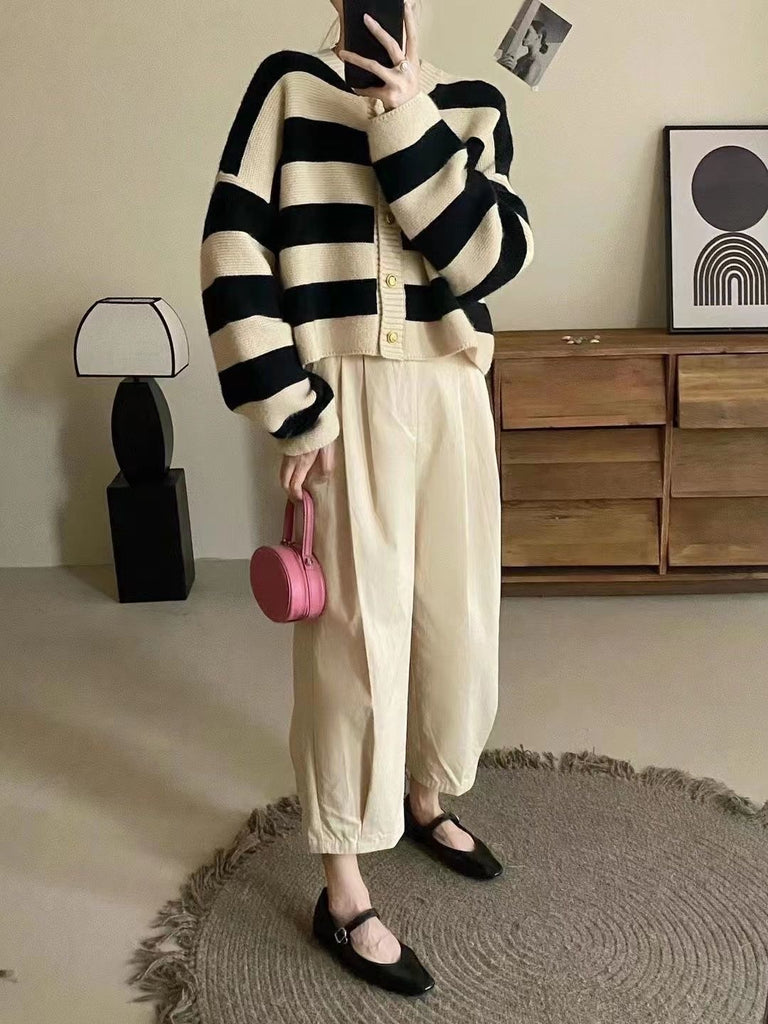 Woolen Knitted Button Down Stripe Long Sleeve Cardigan Top