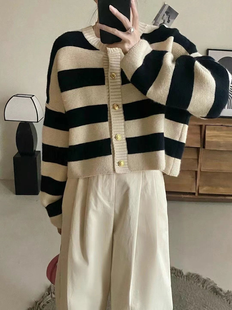 Woolen Knitted Button Down Stripe Long Sleeve Cardigan Top