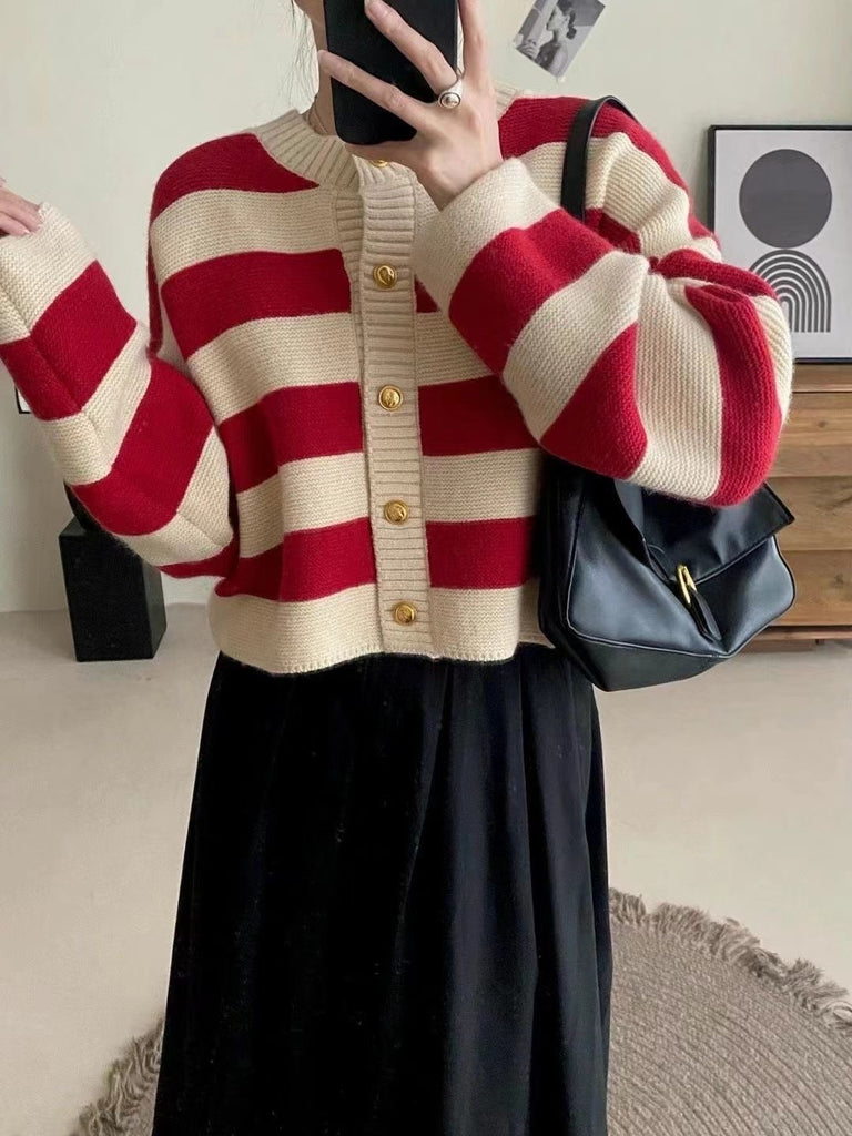 Woolen Knitted Button Down Stripe Long Sleeve Cardigan Top