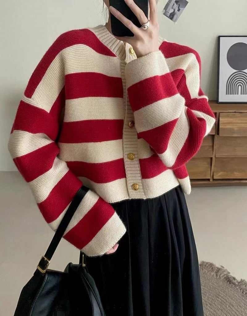 Woolen Knitted Button Down Stripe Long Sleeve Cardigan Top