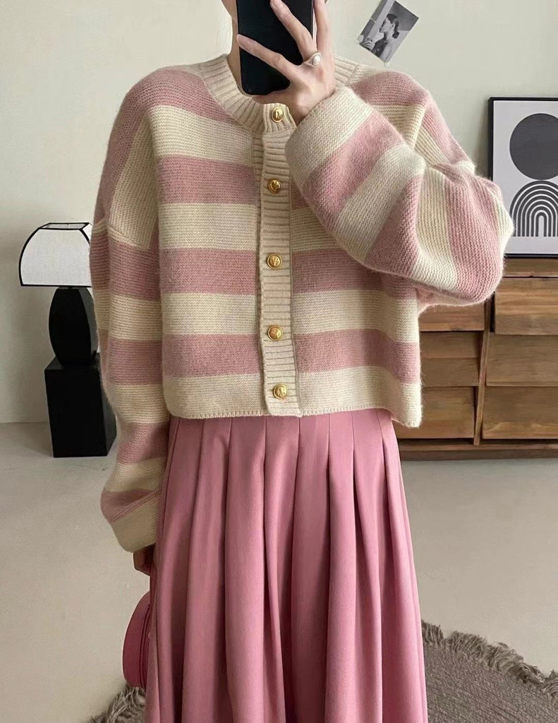 Woolen Knitted Button Down Stripe Long Sleeve Cardigan Top