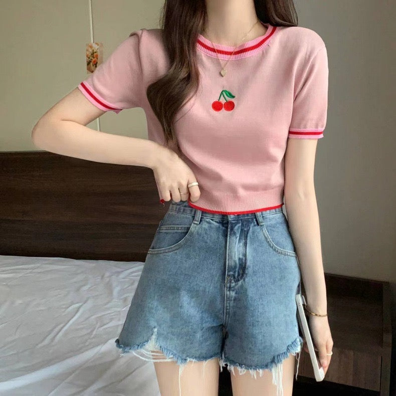 Embroidery Cherry Front Color Contrast Knitted Top