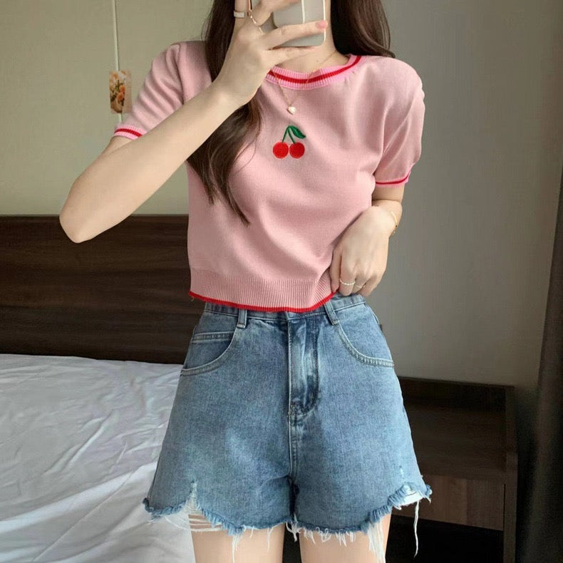 Embroidery Cherry Front Color Contrast Knitted Top