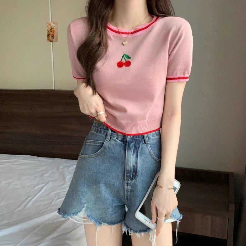 Embroidery Cherry Front Color Contrast Knitted Top