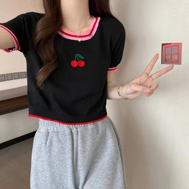 Embroidery Cherry Front Color Contrast Knitted Top