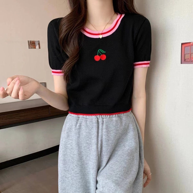 Embroidery Cherry Front Color Contrast Knitted Top