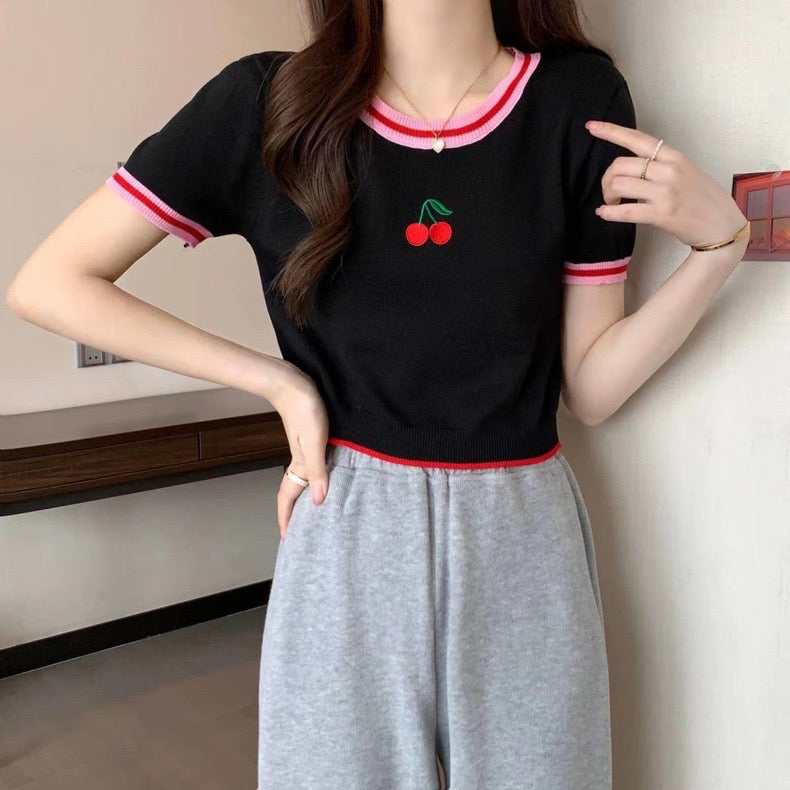 Embroidery Cherry Front Color Contrast Knitted Top