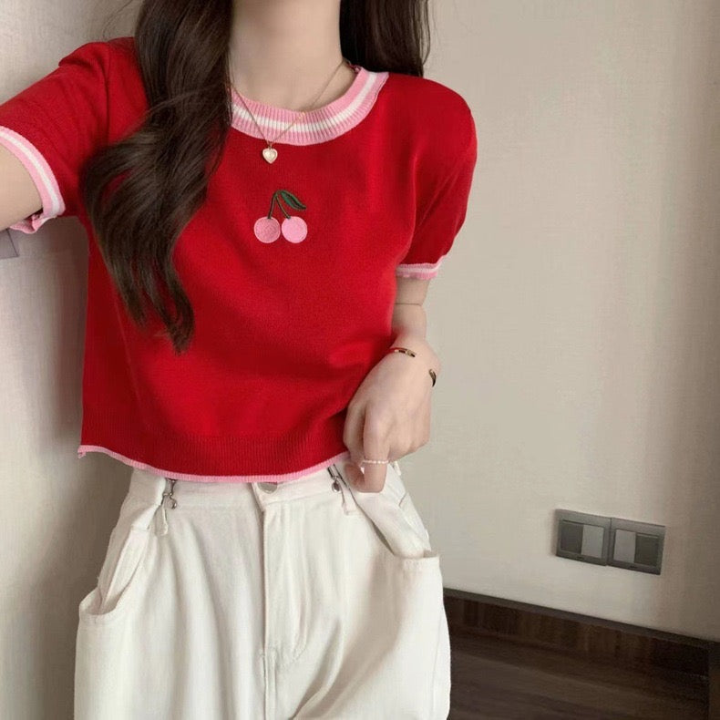 Embroidery Cherry Front Color Contrast Knitted Top