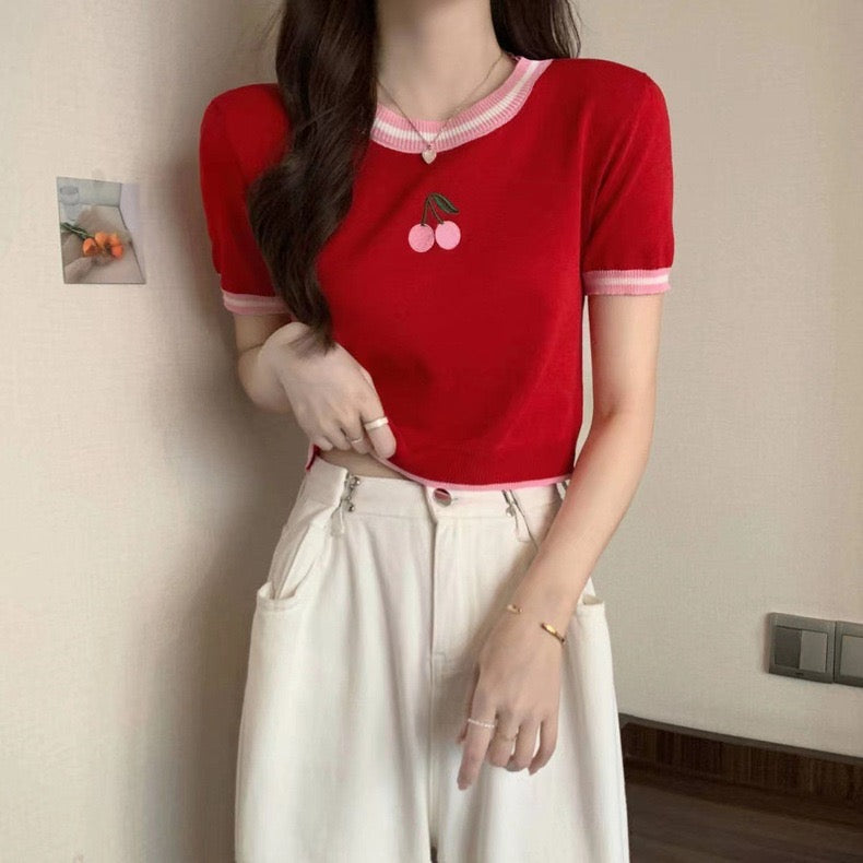 Embroidery Cherry Front Color Contrast Knitted Top