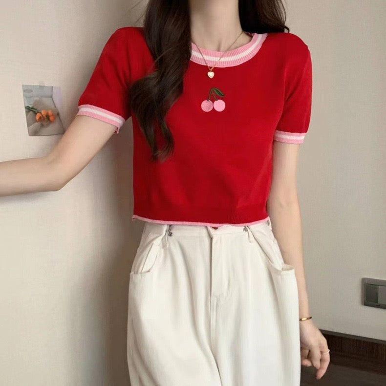 Embroidery Cherry Front Color Contrast Knitted Top