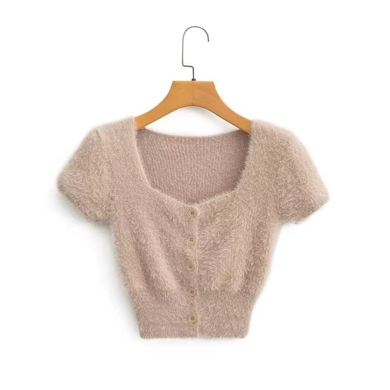 Rabbit Fur Soft Knitted Square Neck Button Down Crop Top