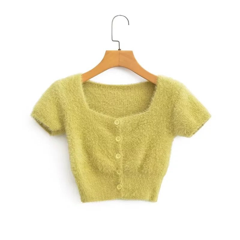 Rabbit Fur Soft Knitted Square Neck Button Down Crop Top