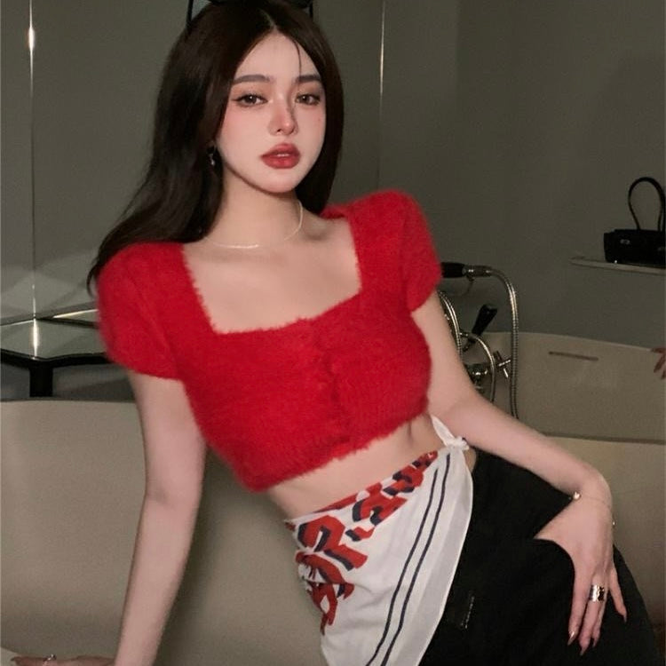 Rabbit Fur Soft Knitted Square Neck Button Down Crop Top