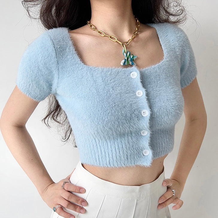 Rabbit Fur Soft Knitted Square Neck Button Down Crop Top