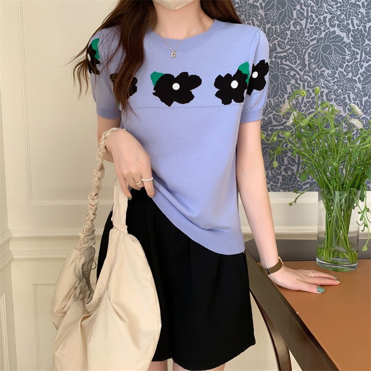 Floral Pattern Simple Knitted Top