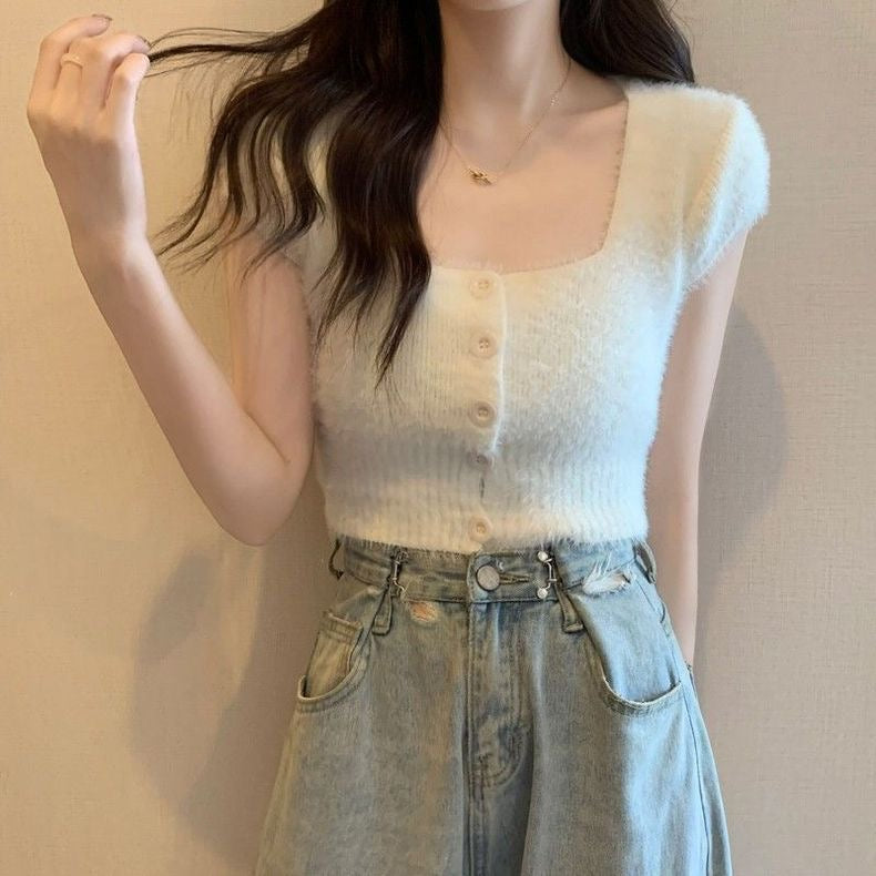 Rabbit Fur Soft Knitted Square Neck Button Down Crop Top