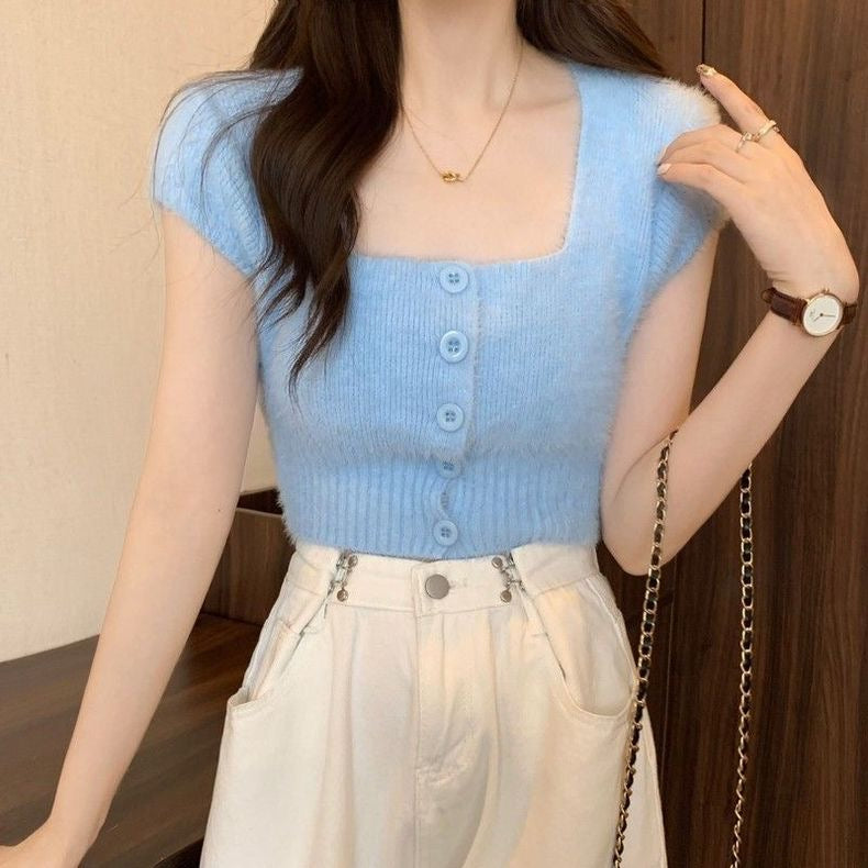 Rabbit Fur Soft Knitted Square Neck Button Down Crop Top