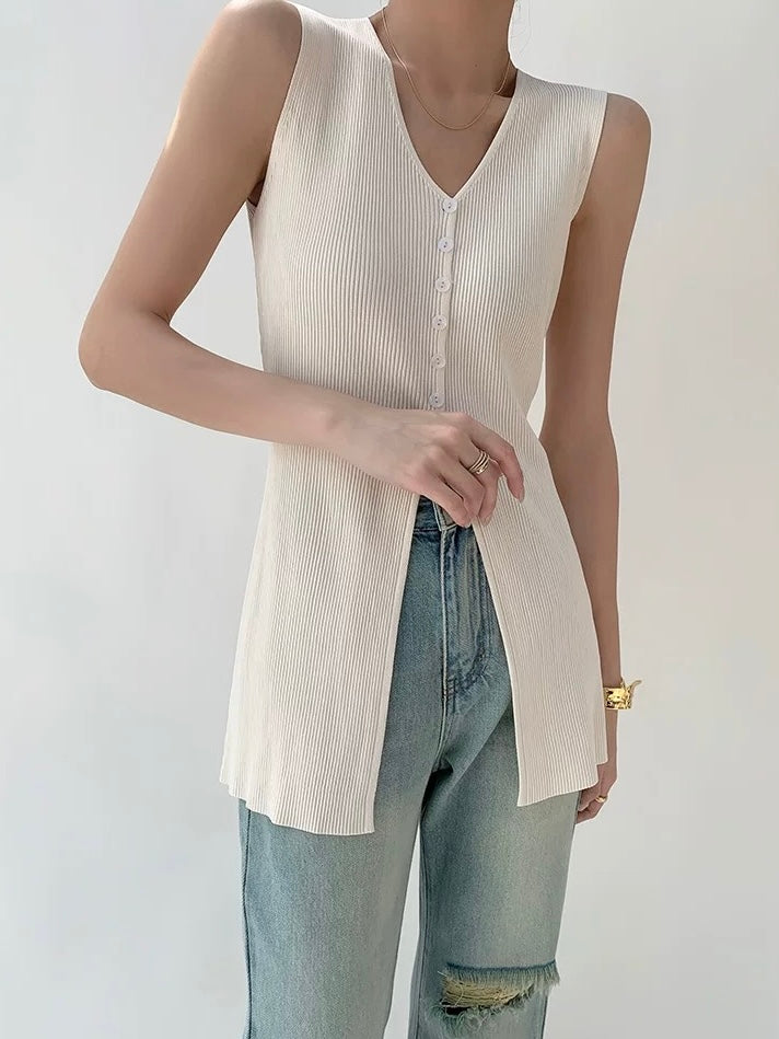 V-neck Button Down Sleeveless Rib Knitted Long Top