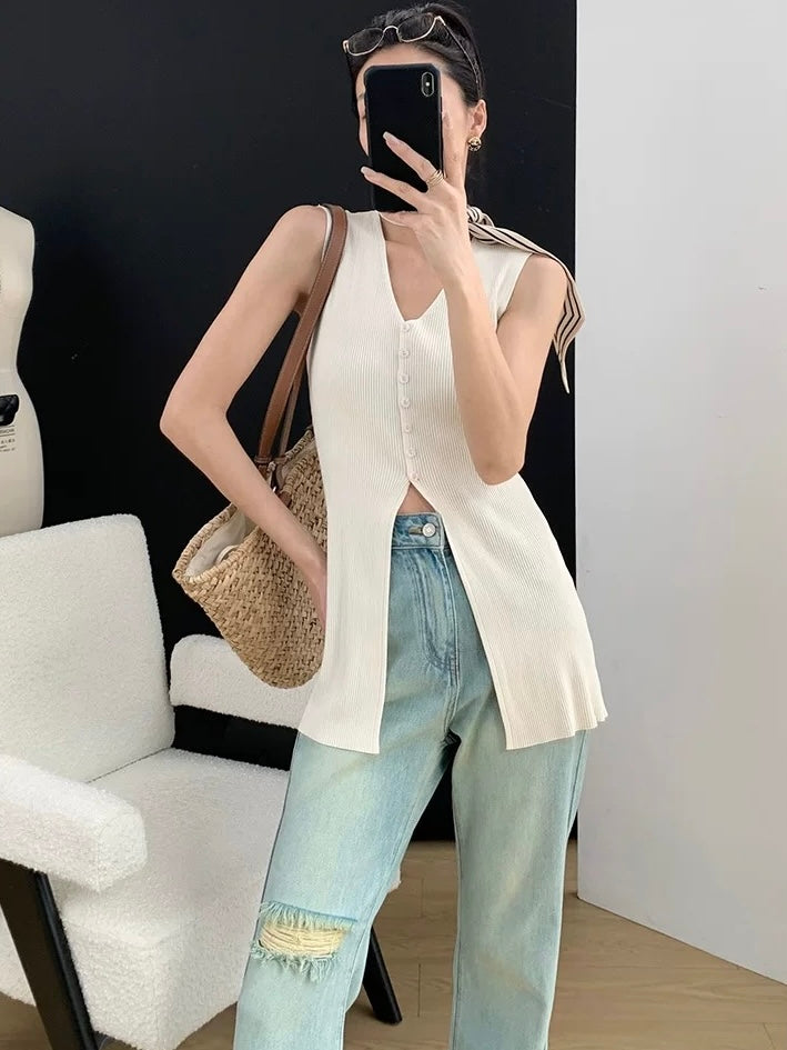 V-neck Button Down Sleeveless Rib Knitted Long Top