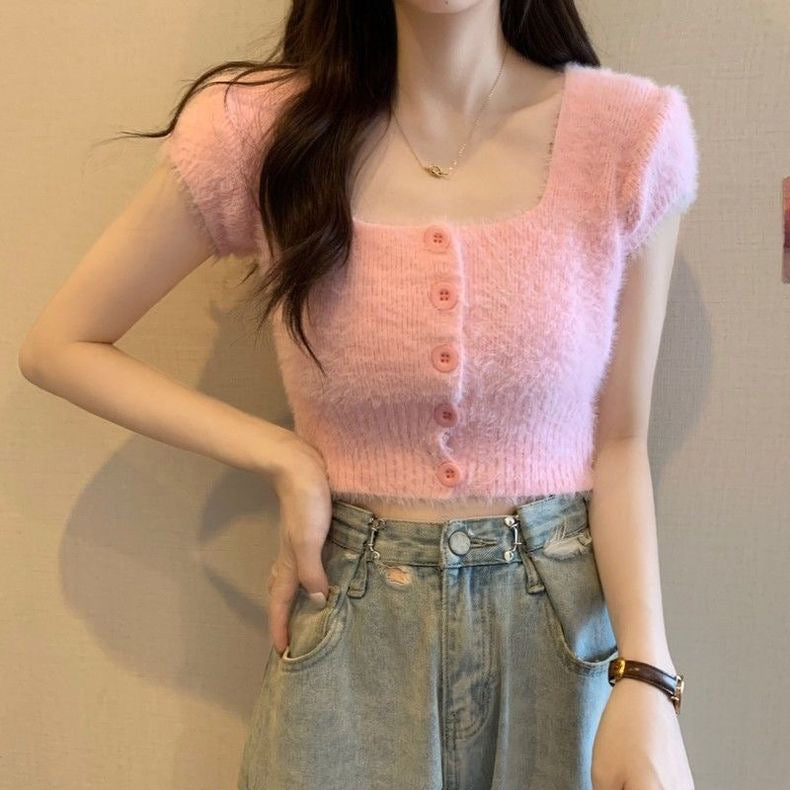 Rabbit Fur Soft Knitted Square Neck Button Down Crop Top