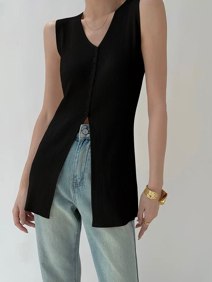 V-neck Button Down Sleeveless Rib Knitted Long Top