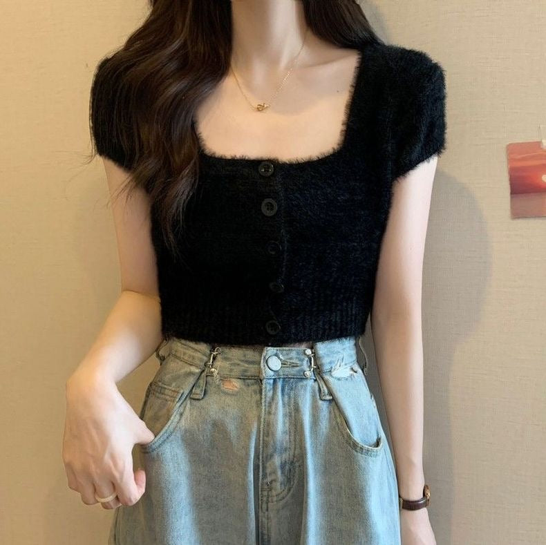 Rabbit Fur Soft Knitted Square Neck Button Down Crop Top