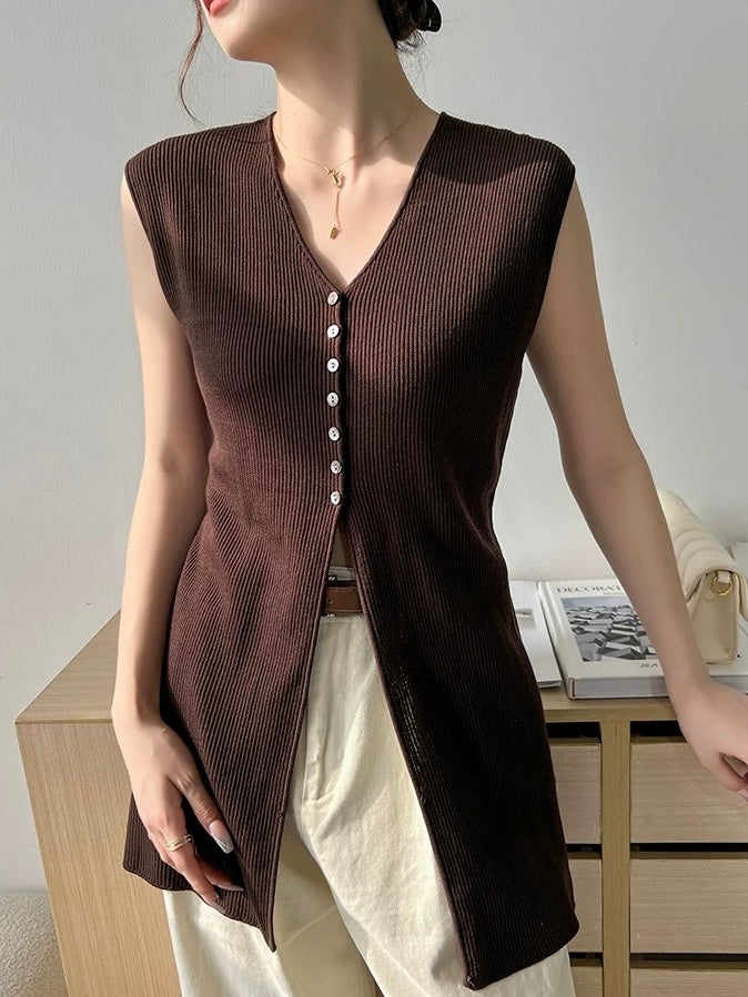 V-neck Button Down Sleeveless Rib Knitted Long Top