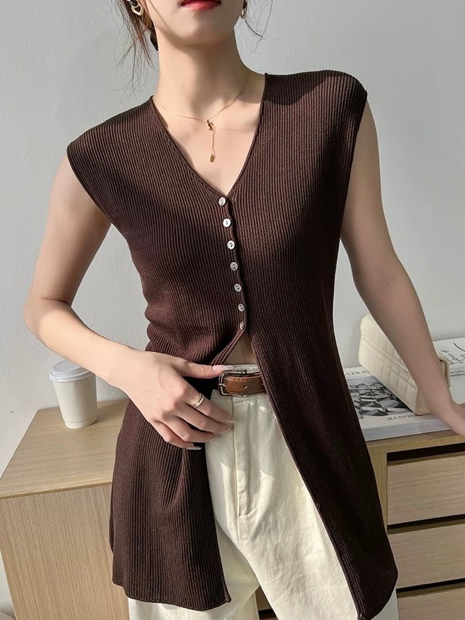 V-neck Button Down Sleeveless Rib Knitted Long Top