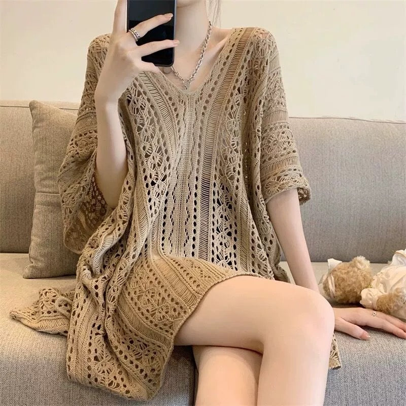 V-neck Side Drawstring Hollow Out Crochet Cover Up Oversize Knitted Beach Top