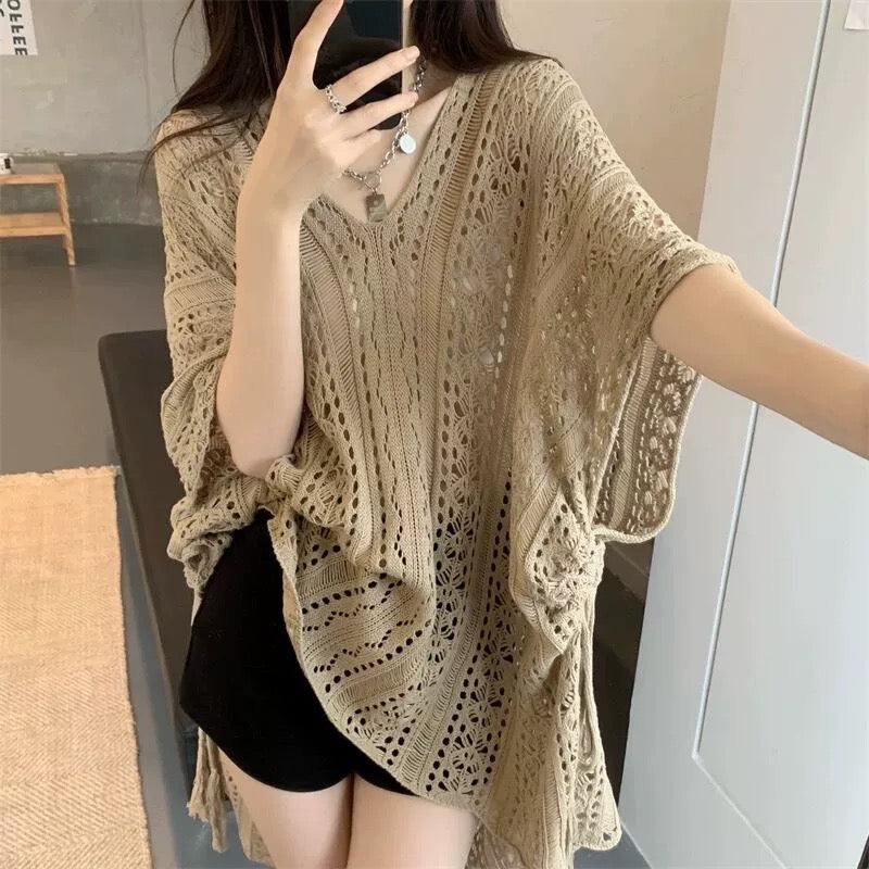 V-neck Side Drawstring Hollow Out Crochet Cover Up Oversize Knitted Beach Top