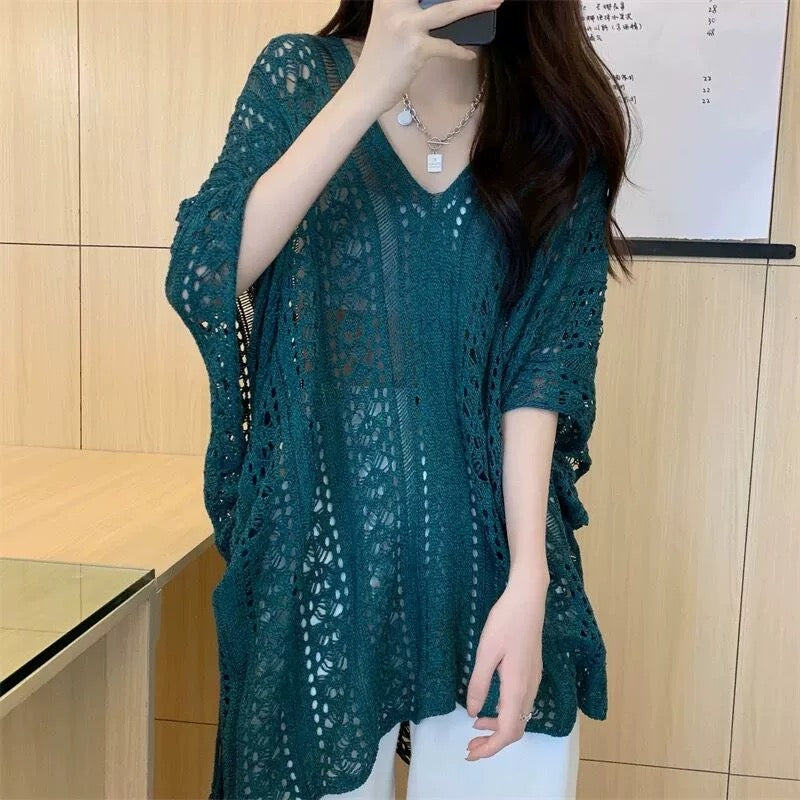 V-neck Side Drawstring Hollow Out Crochet Cover Up Oversize Knitted Beach Top