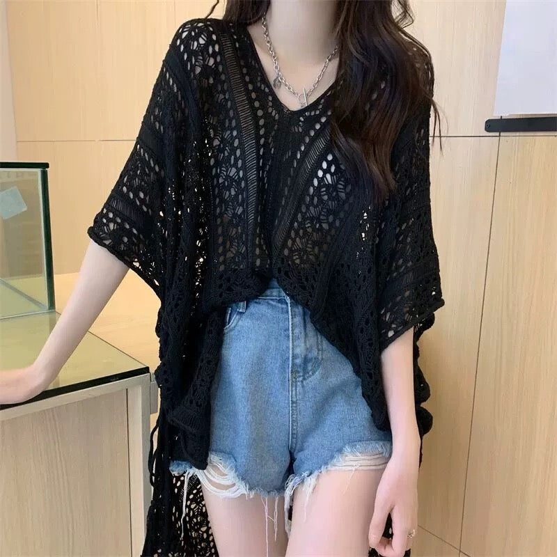 V-neck Side Drawstring Hollow Out Crochet Cover Up Oversize Knitted Beach Top