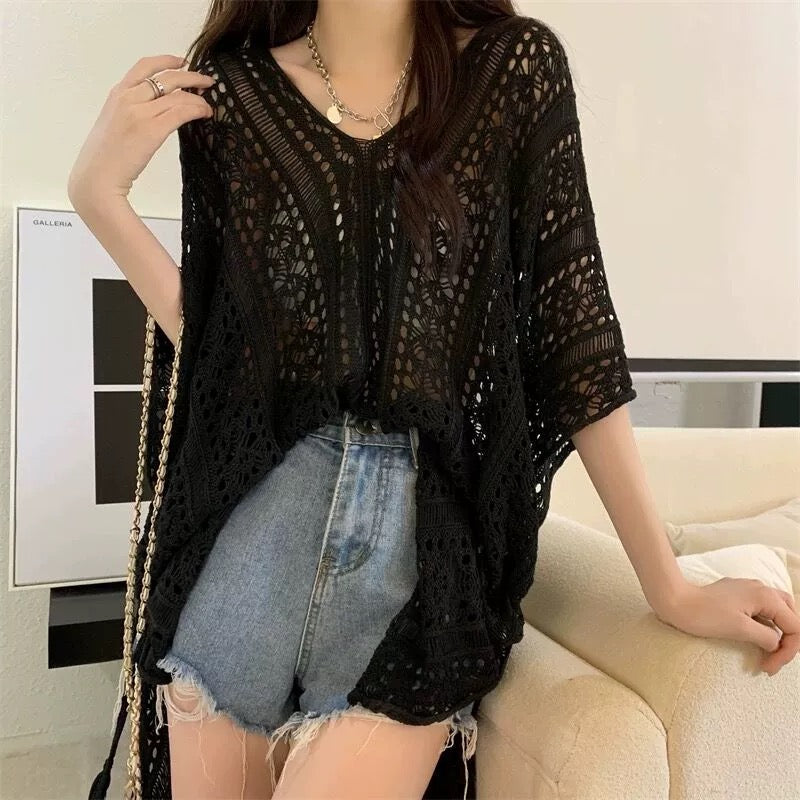 V-neck Side Drawstring Hollow Out Crochet Cover Up Oversize Knitted Beach Top