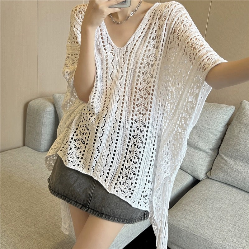 V-neck Side Drawstring Hollow Out Crochet Cover Up Oversize Knitted Beach Top