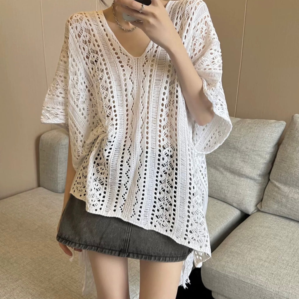 V-neck Side Drawstring Hollow Out Crochet Cover Up Oversize Knitted Beach Top