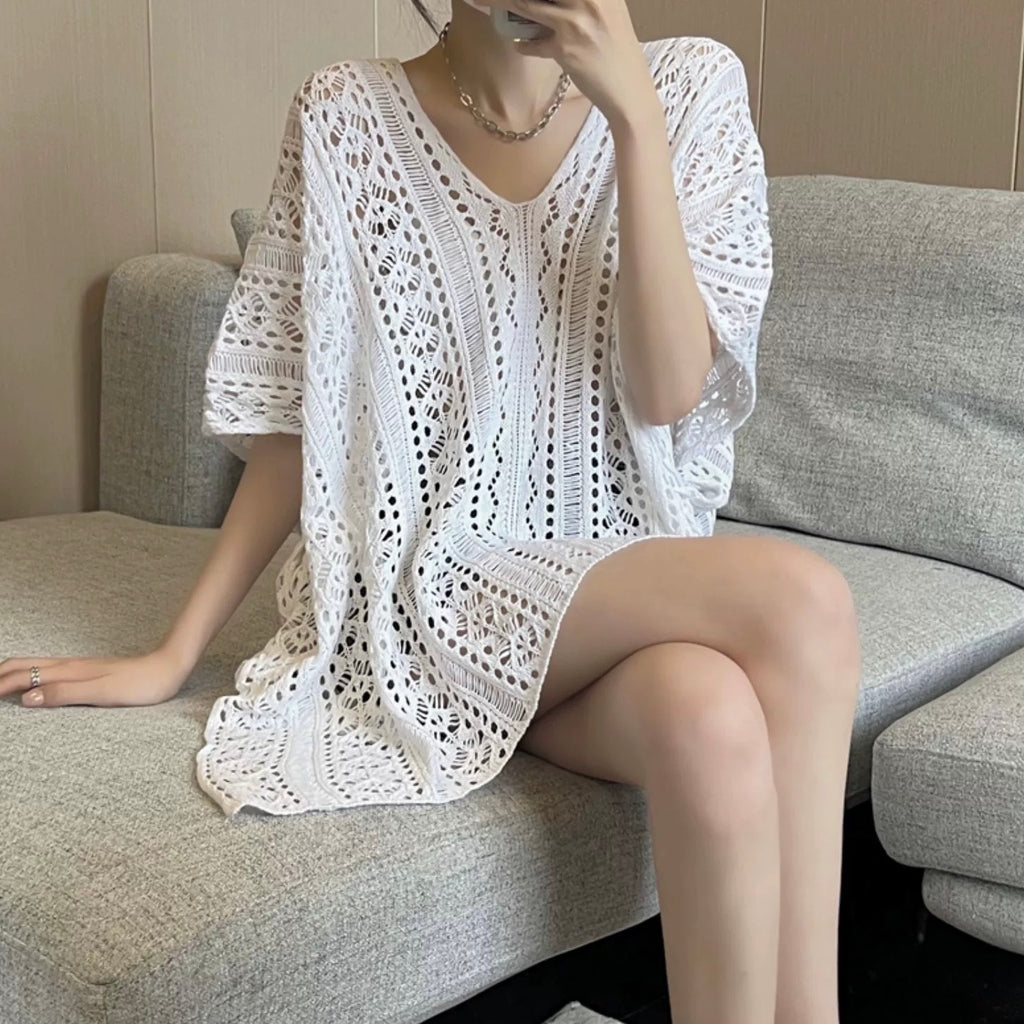 V-neck Side Drawstring Hollow Out Crochet Cover Up Oversize Knitted Beach Top