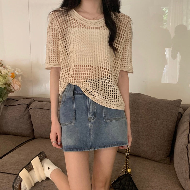 Hollow-out Round Neck Short Sleeve Woolen Loose Knitted Cover-up Top